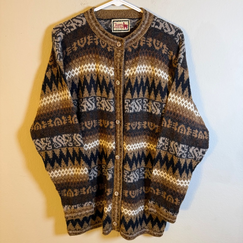 The Alpaca Connection Handmade Peru Wool Cardigan Brown Geometric Vintage Mens L